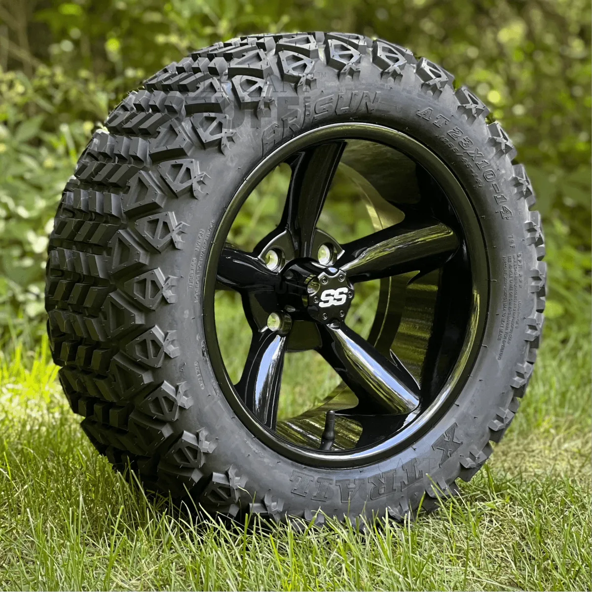 14" Godfather Gloss Black Aluminum Golf Cart Wheels and All Terrain Golf Cart Tires Combo - Set of 4 (Select your tire!)