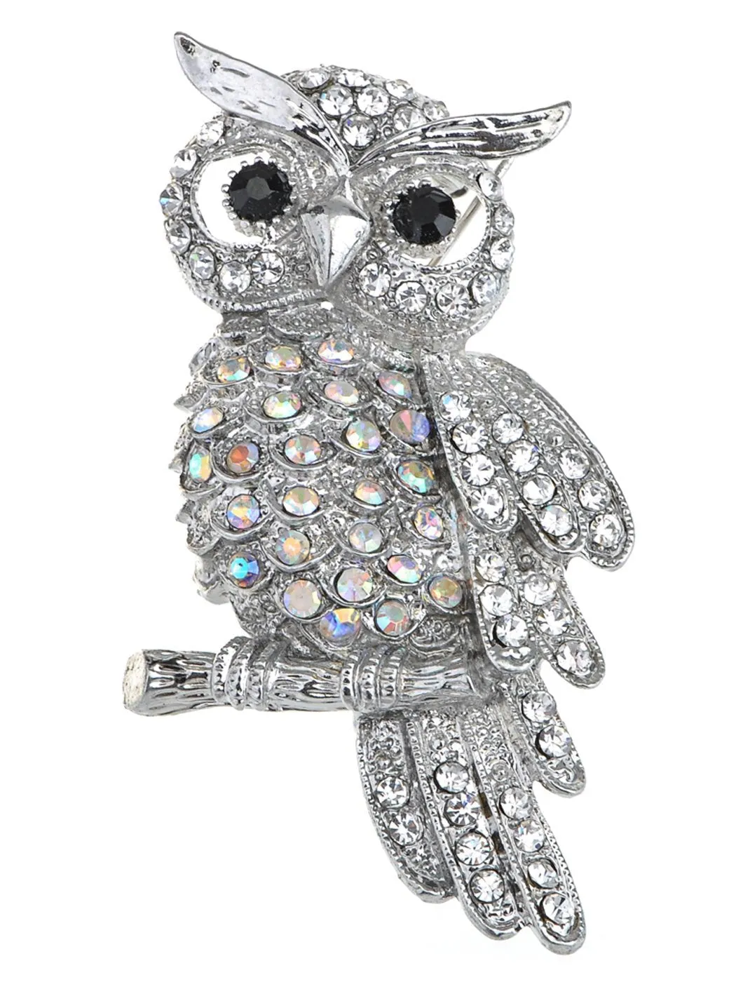 Alilang Antique Multicolored Crystal Rhinestone Perched Little Owl Branch Pin Brooch Silver