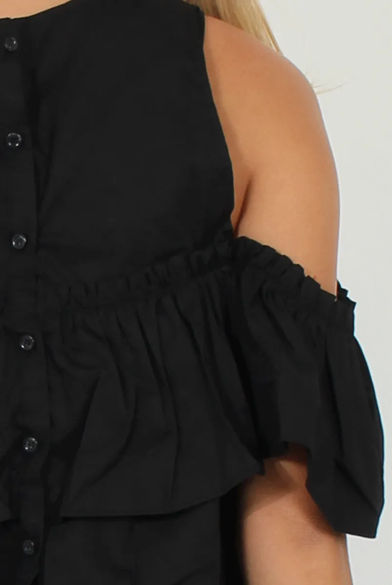 Black Cold Shoulder Frill Layer Top - Ursula