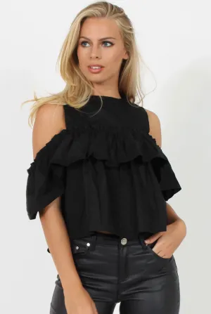 Black Cold Shoulder Frill Layer Top - Ursula