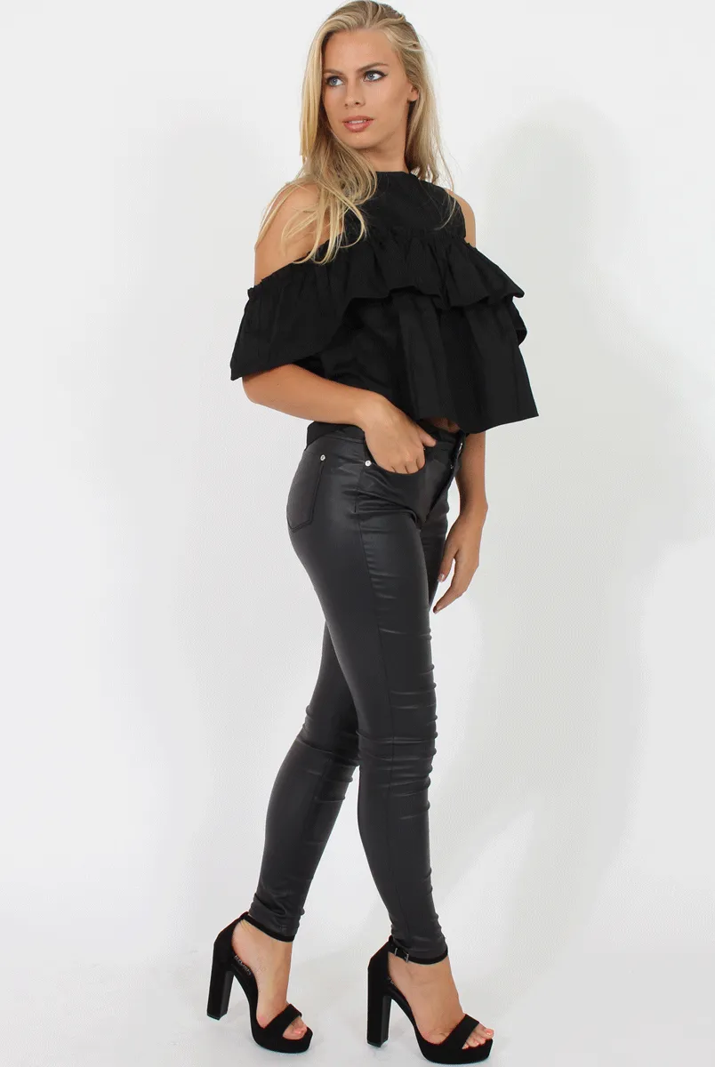 Black Cold Shoulder Frill Layer Top - Ursula