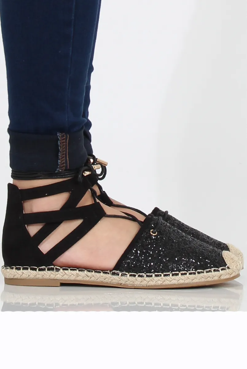 Black Glitter Lace Up Espadrilles - Bonnie