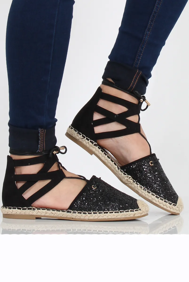 Black Glitter Lace Up Espadrilles - Bonnie