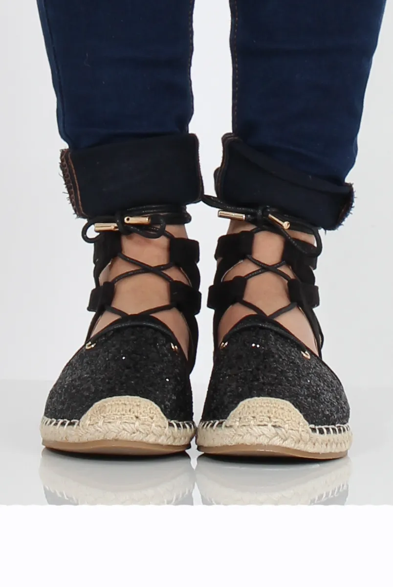 Black Glitter Lace Up Espadrilles - Bonnie