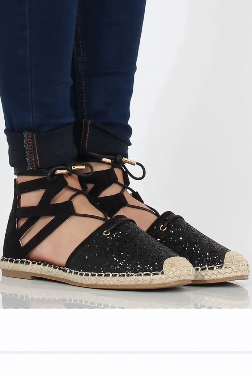 Black Glitter Lace Up Espadrilles - Bonnie