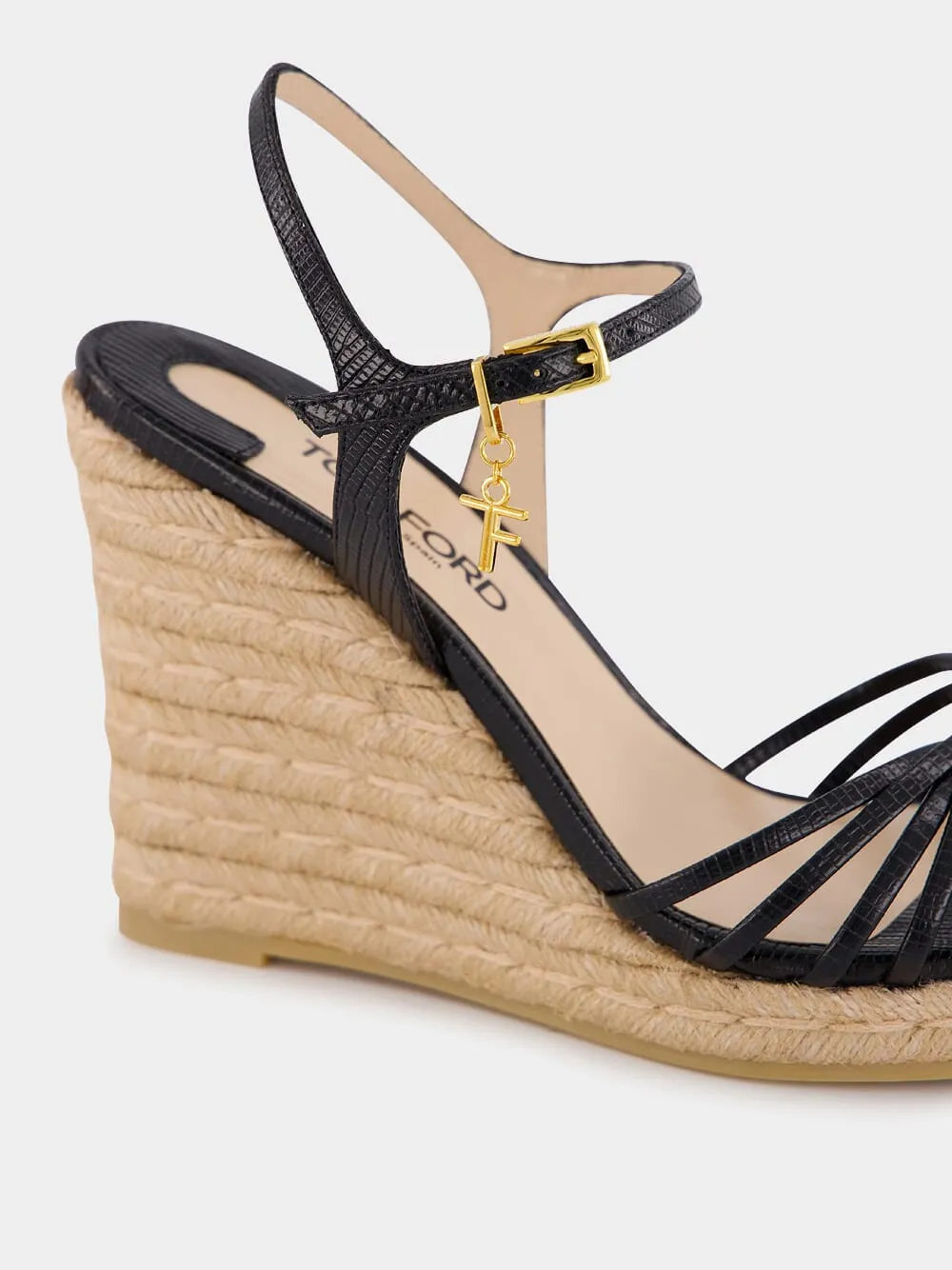 Black Printed Lizard Leather Cabana Wedge Espadrille