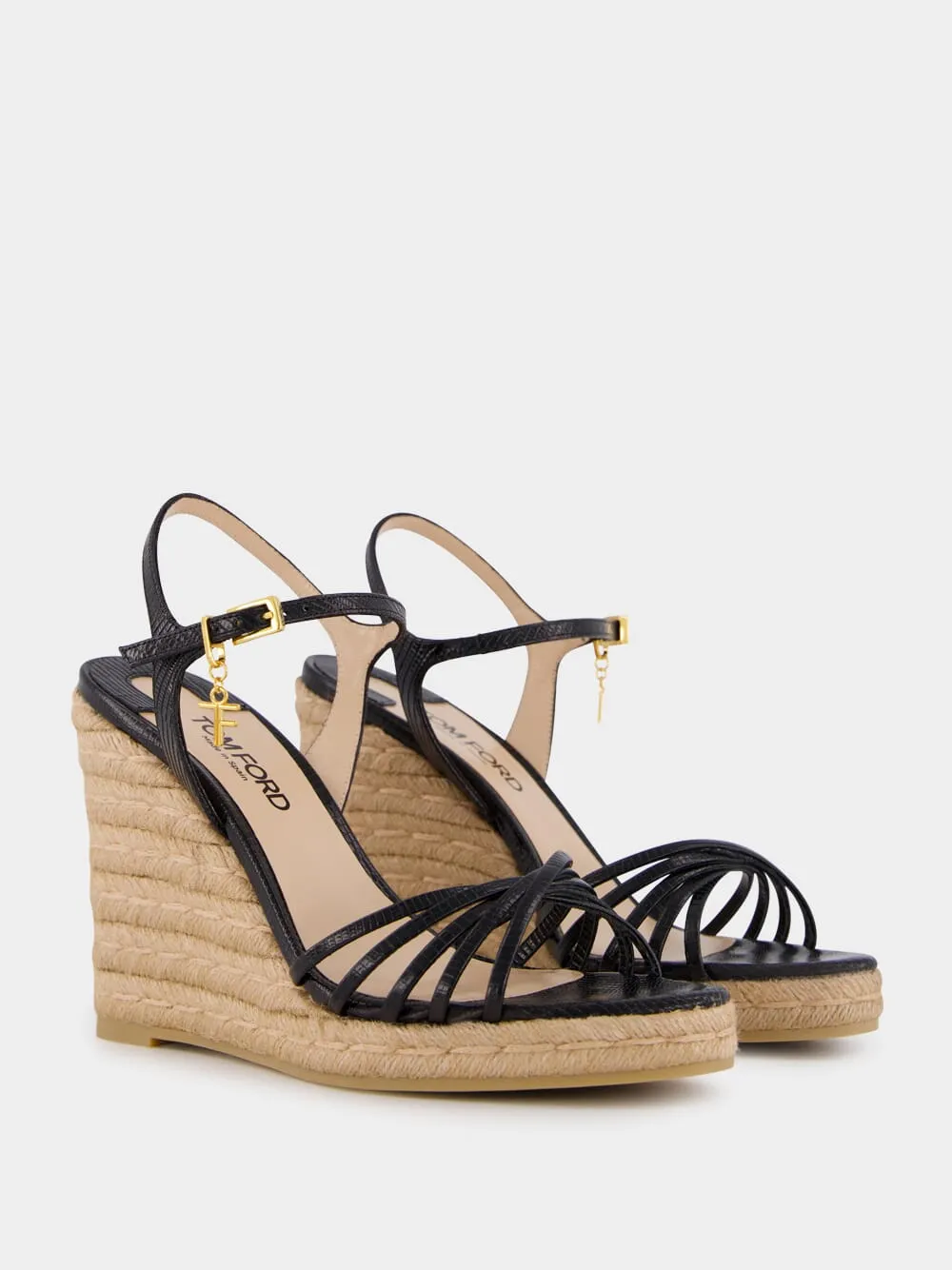 Black Printed Lizard Leather Cabana Wedge Espadrille