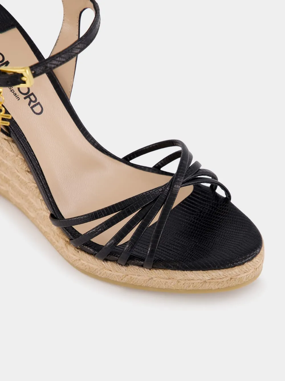 Black Printed Lizard Leather Cabana Wedge Espadrille