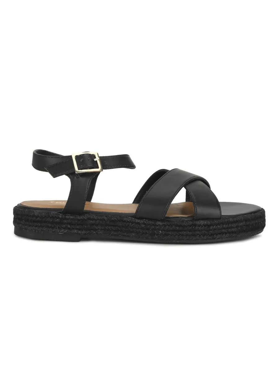 Black PU Criss Cross Straps Jute Espadrilles