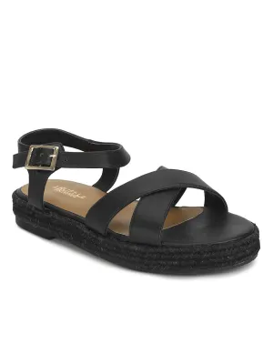 Black PU Criss Cross Straps Jute Espadrilles