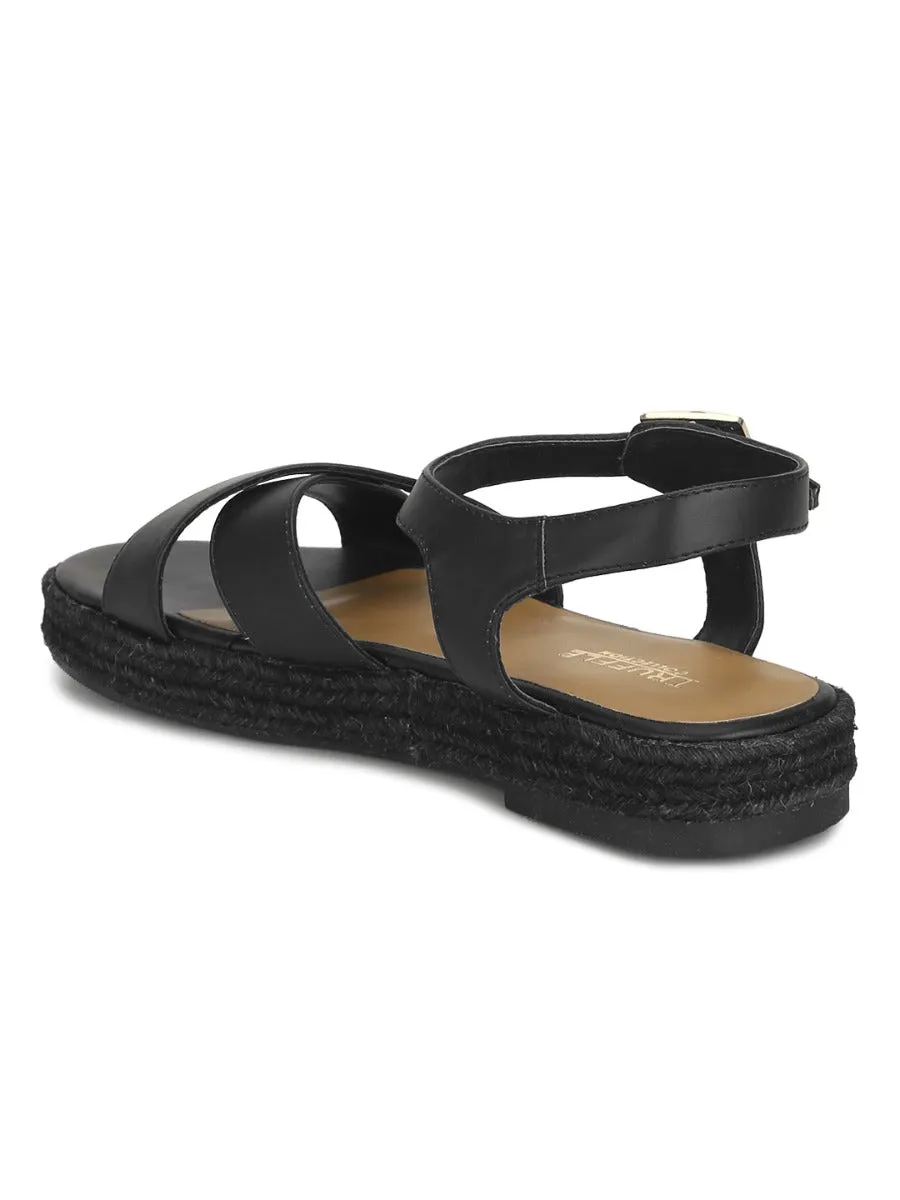 Black PU Criss Cross Straps Jute Espadrilles