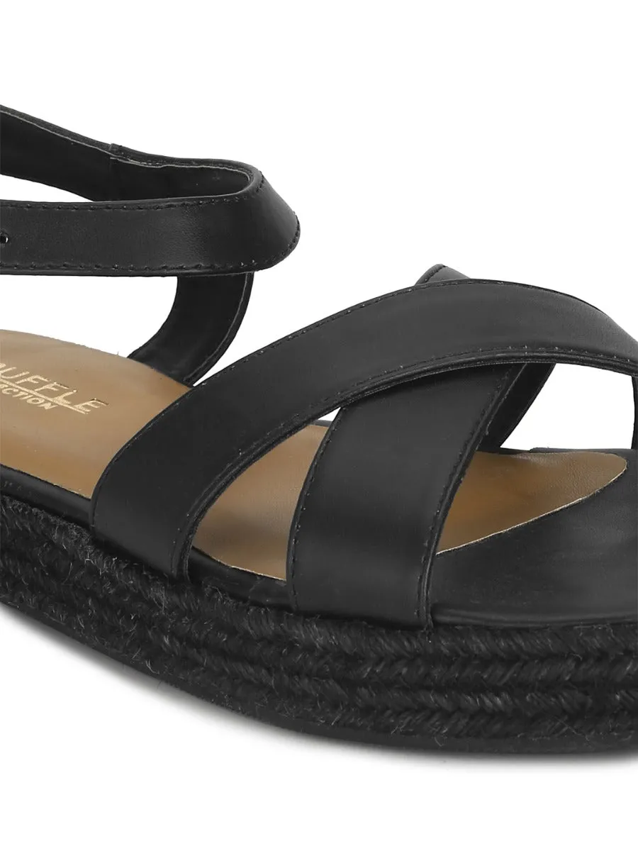 Black PU Criss Cross Straps Jute Espadrilles