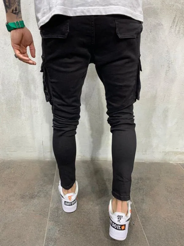 Black Skinny Multi Pocket Ripped Cargo Jeans for Men