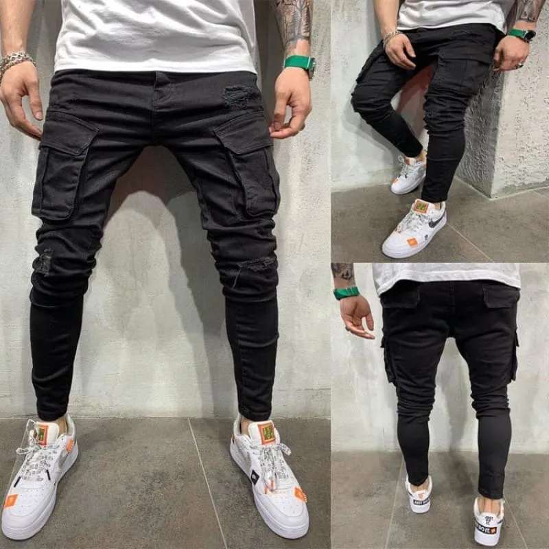 Black Skinny Multi Pocket Ripped Cargo Jeans for Men