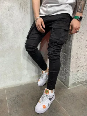 Black Skinny Multi Pocket Ripped Cargo Jeans for Men