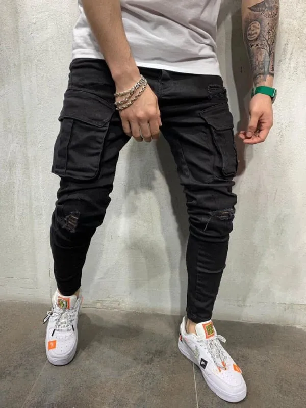 Black Skinny Multi Pocket Ripped Cargo Jeans for Men