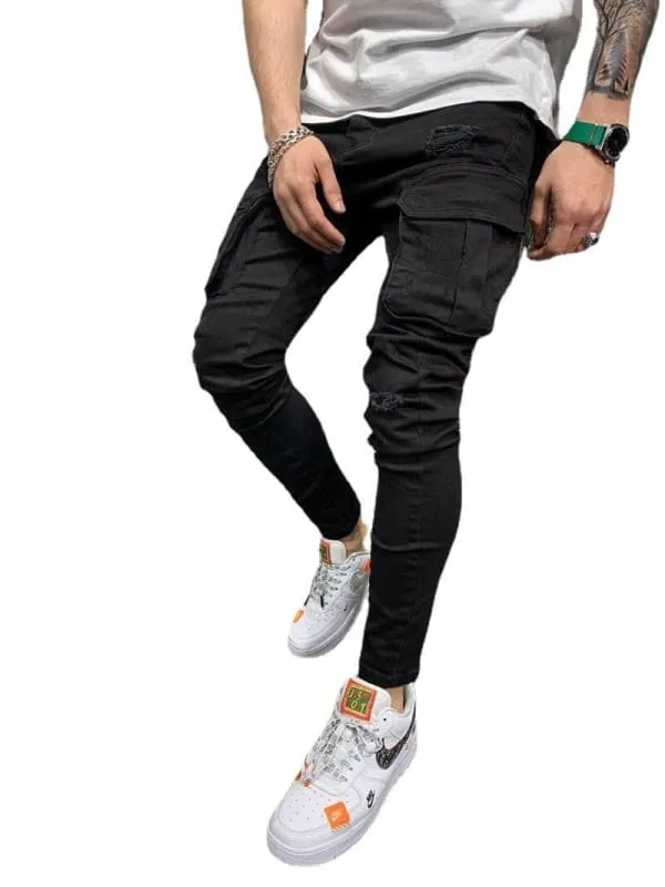 Black Skinny Multi Pocket Ripped Cargo Jeans for Men