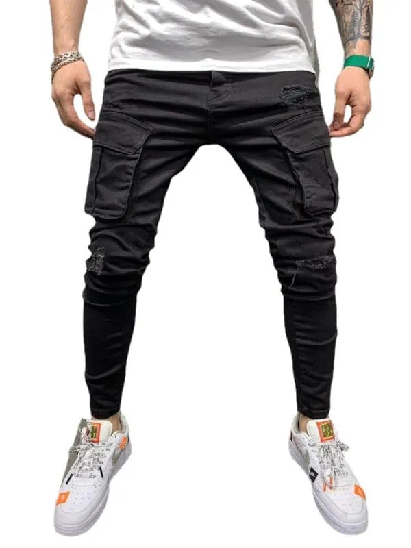 Black Skinny Multi Pocket Ripped Cargo Jeans for Men