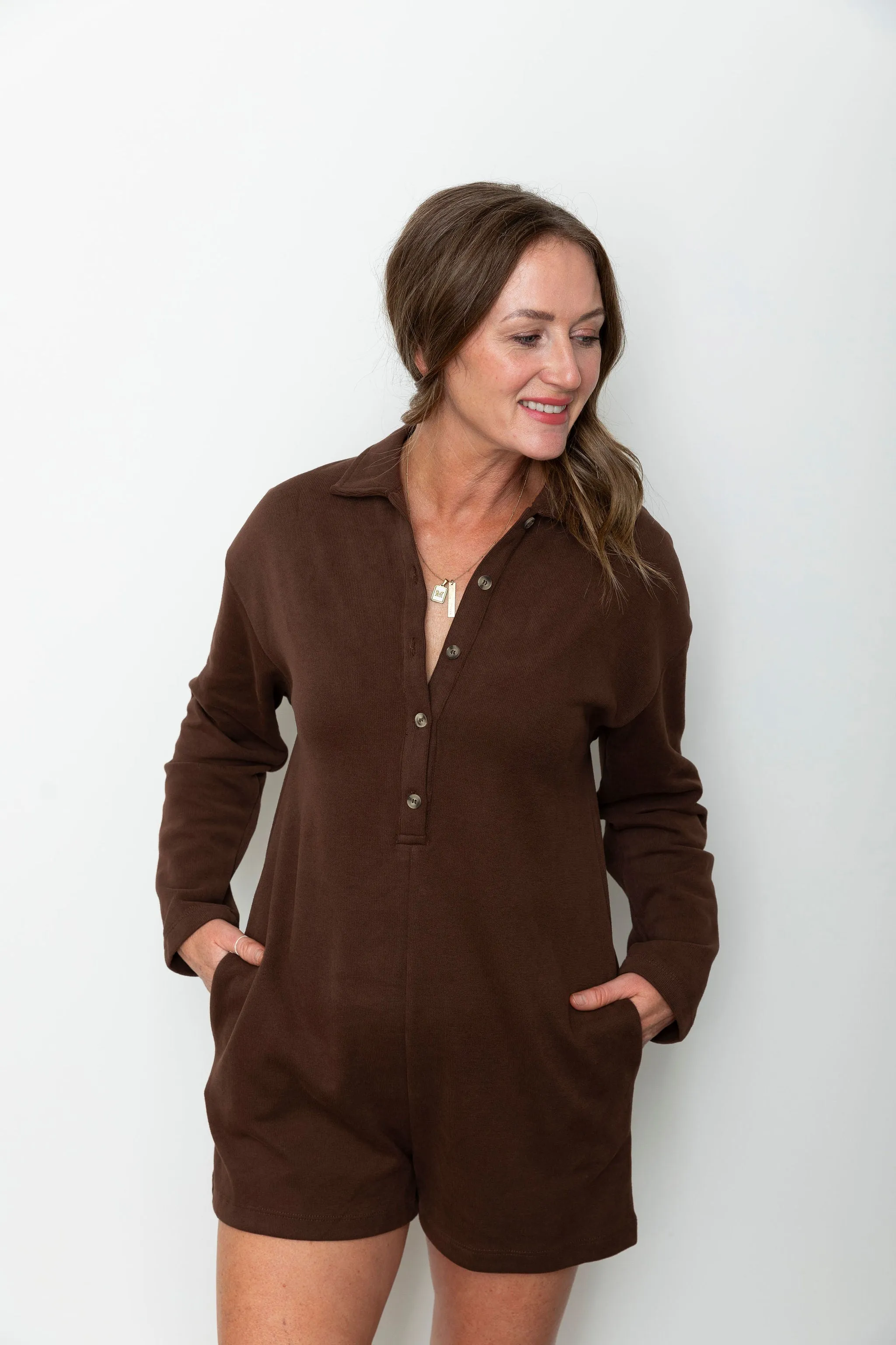 Brushed Knit Button Up Romper - Chocolate