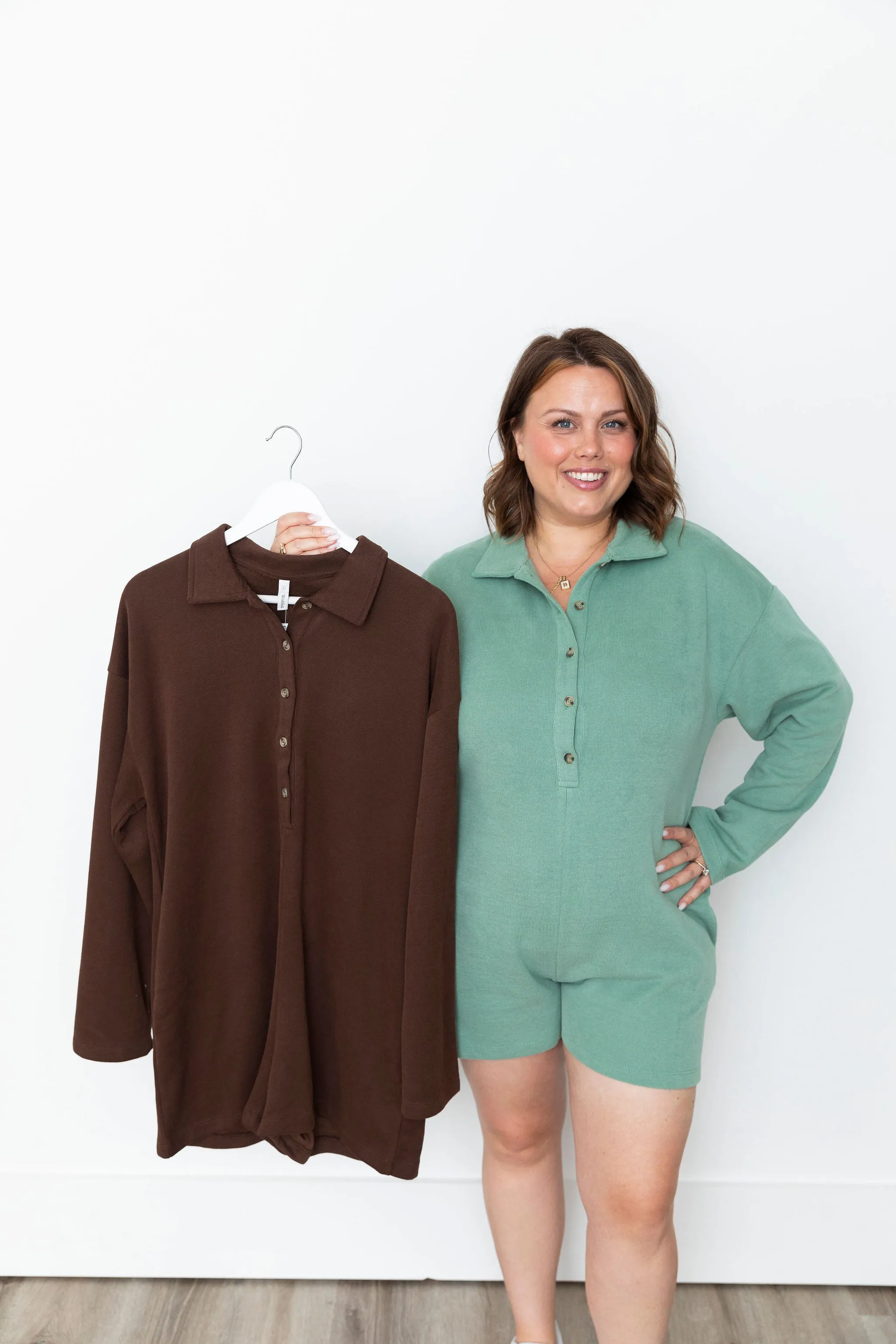 Brushed Knit Button Up Romper - Chocolate