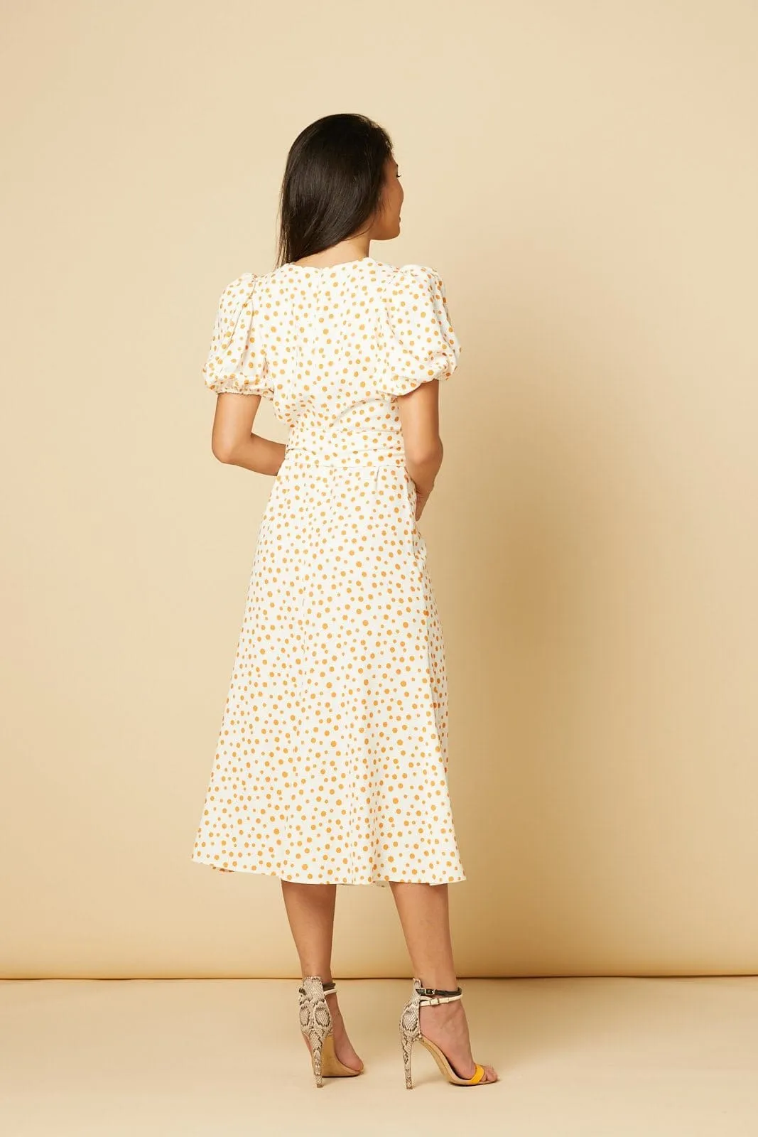 Catherine White Dress in Orange Polka Dot