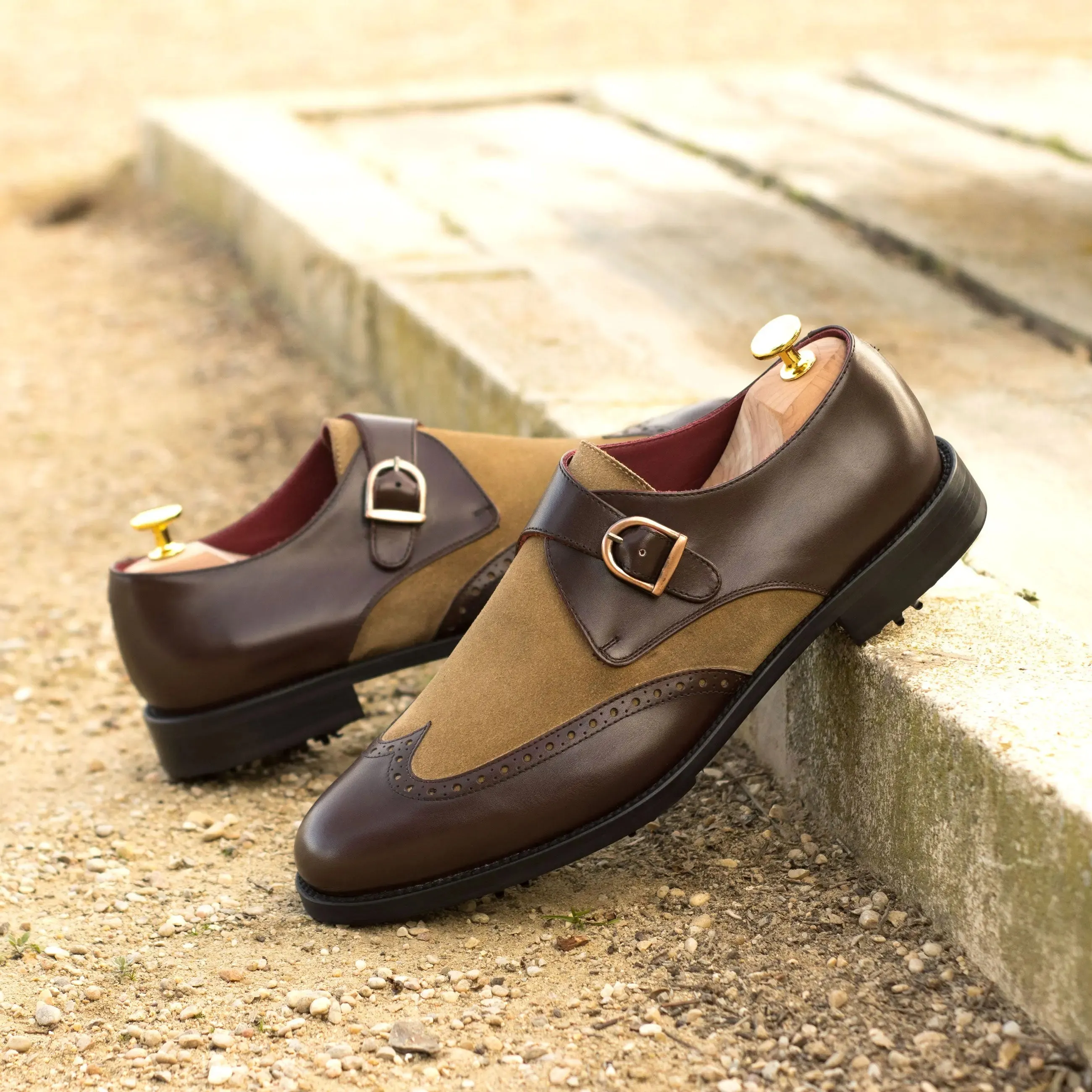 DapperFam Brenno Golf in Dark Brown / Camel Men's Italian Leather & Lux Suede Single Monk