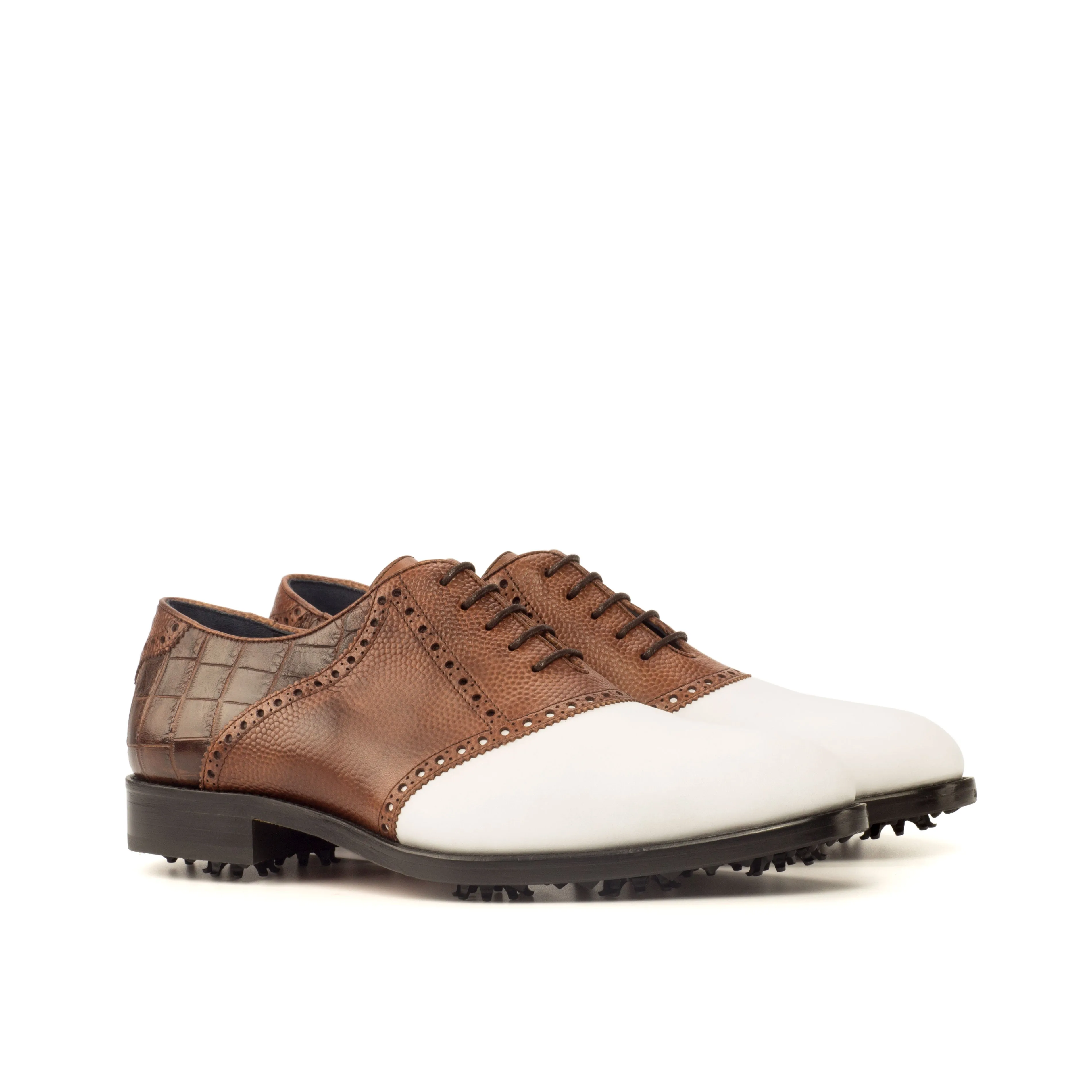 DapperFam Fabrizio Golf in Dark Brown / White / Med Brown Men's Italian Pebble Grain Leather Saddle