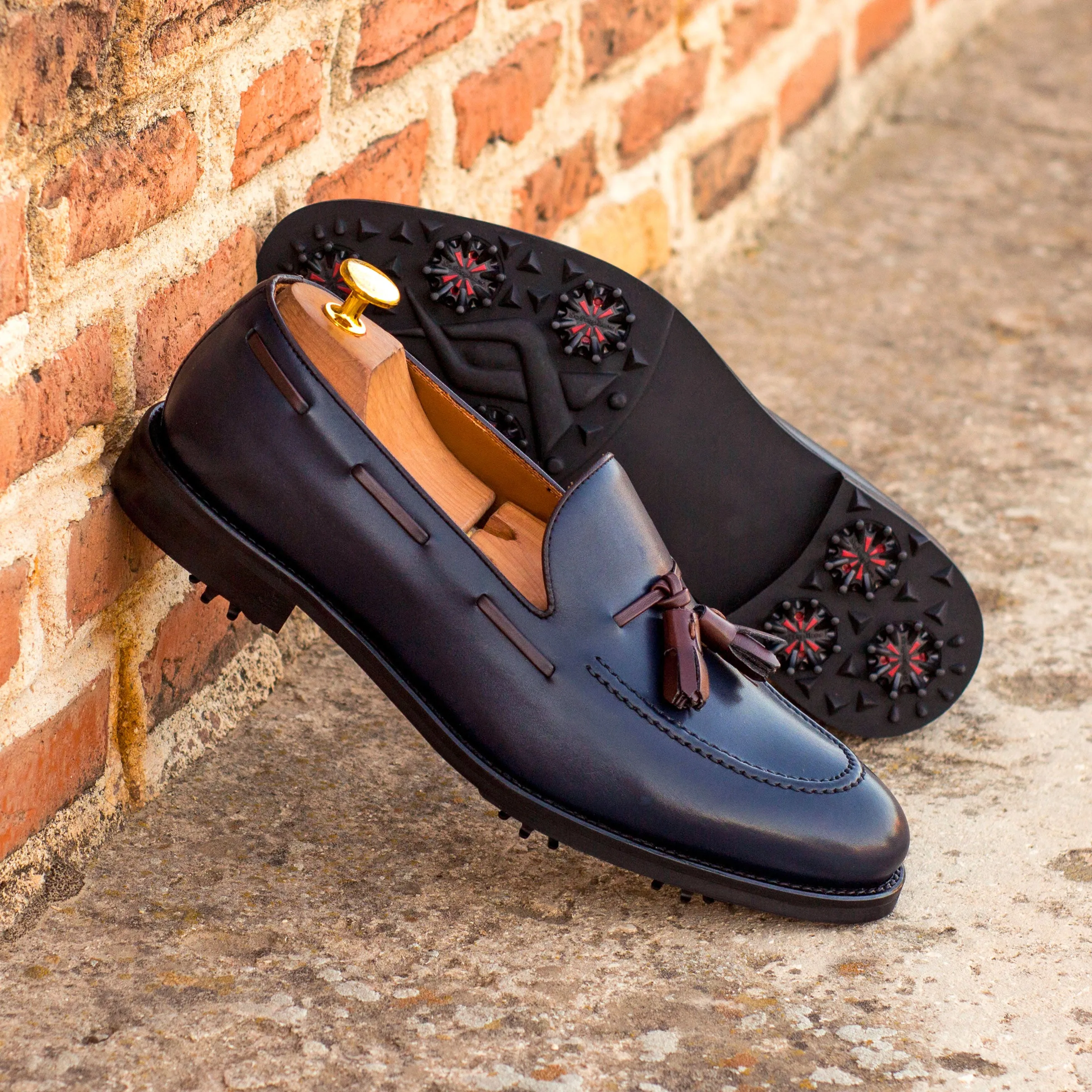 DapperFam Luciano Golf in Navy / Dark Brown Men's Italian Leather Loafer