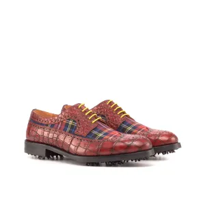 DapperFam Zephyr Golf in Tartan / Red Men's Sartorial & Italian Croco Embossed Leather Longwing Blucher