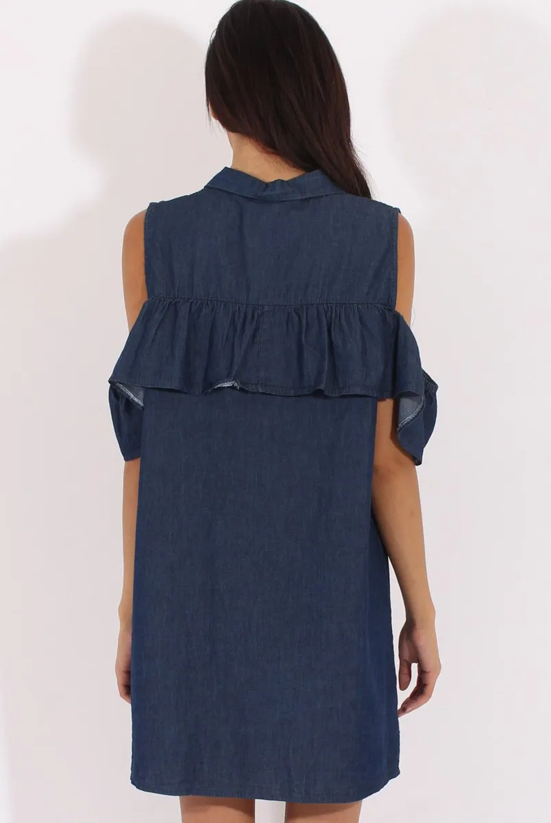 Dark Blue Cold Shoulder Denim Dress - Torrie