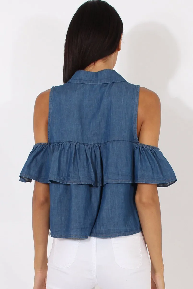 Dark Blue Denim Cold Shoulder Top - Elizabeth