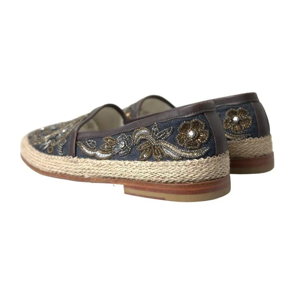 Dolce & Gabbana Blue Embroidered Denim Men Espadrilles Shoes