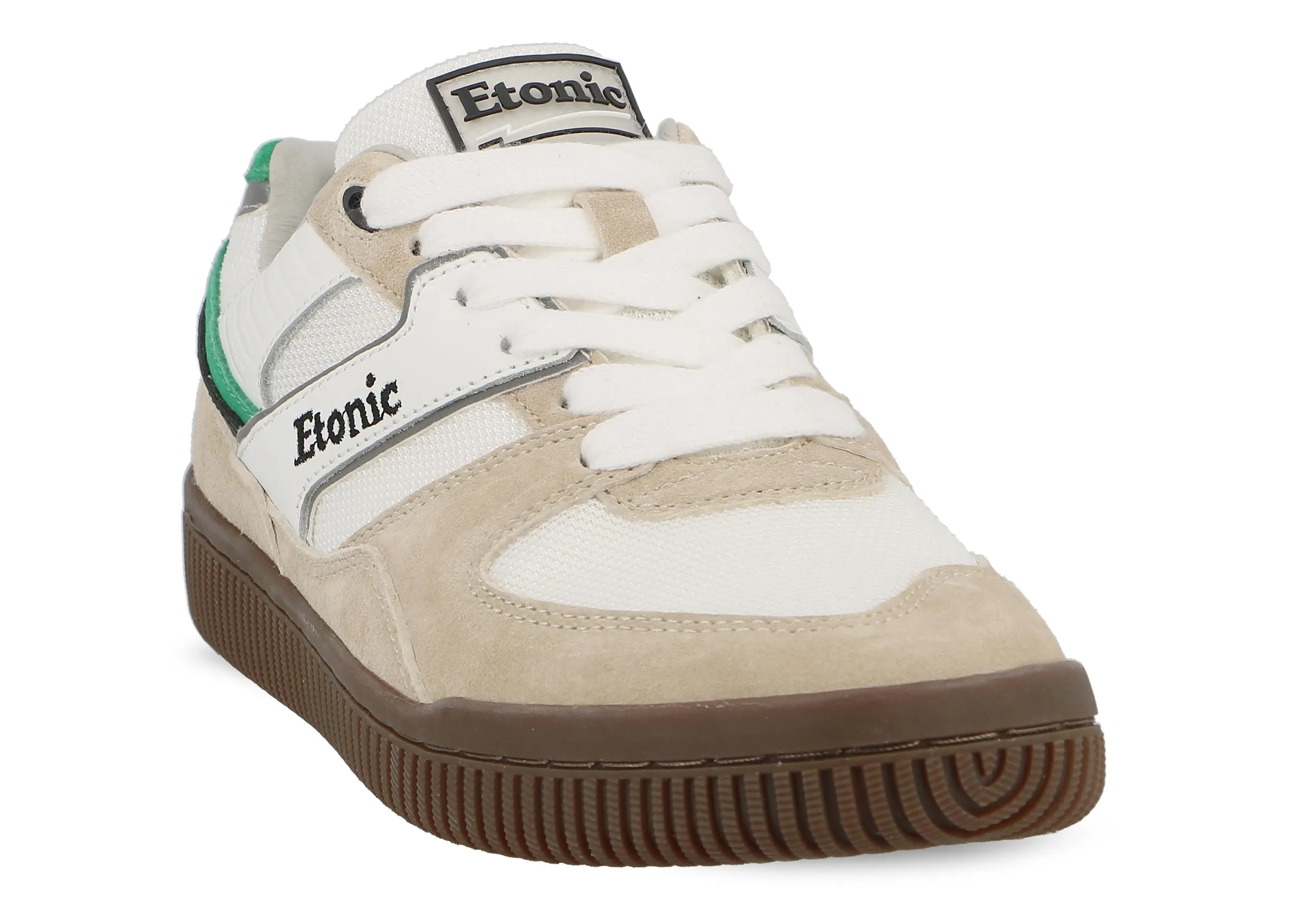 Etonic DROPSHOT sneakers in beige suede leather, white mesh, green and black details with light honey outsole.