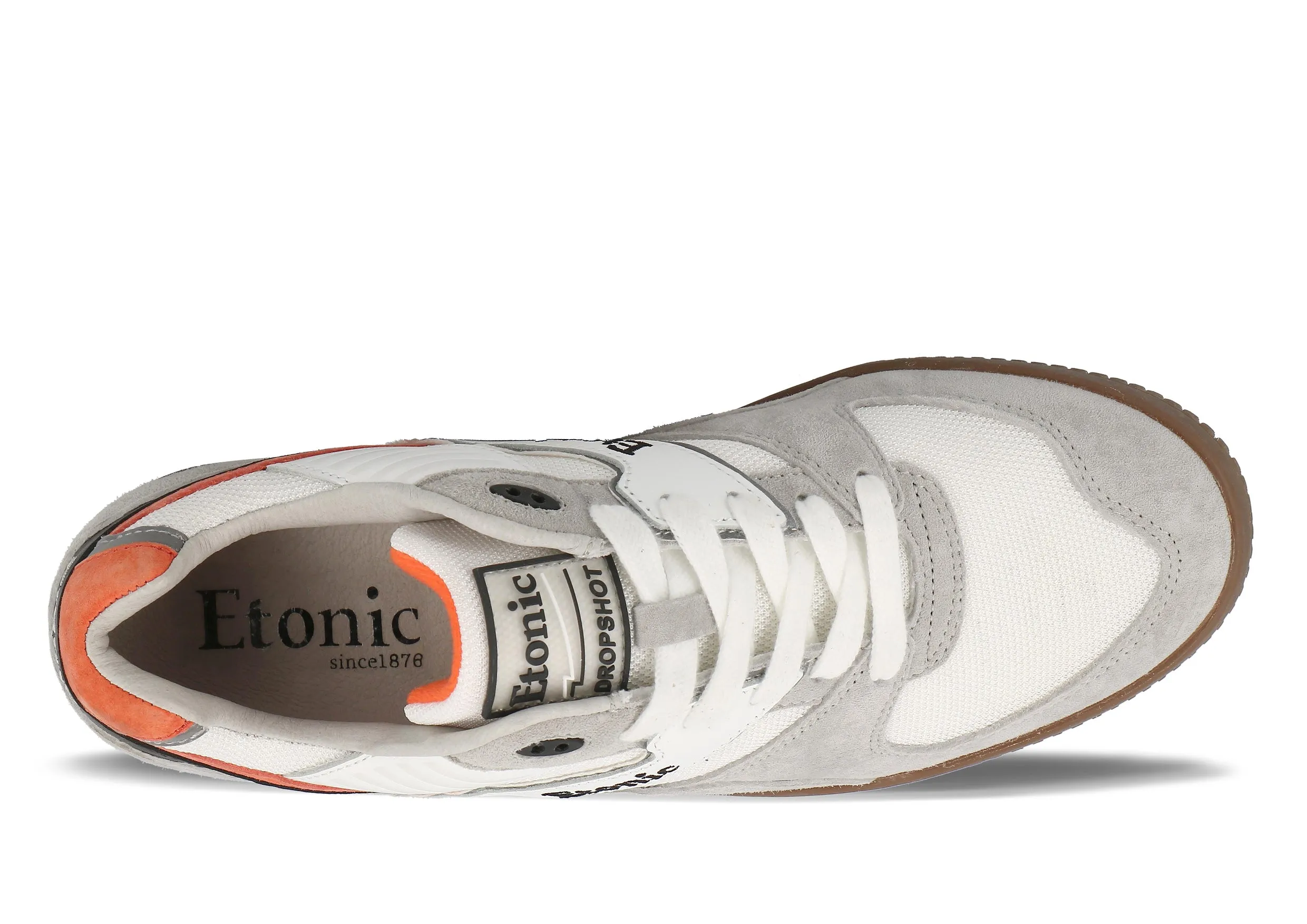 Etonic DROPSHOT sneakers in grey suede leather, white mesh, black and bright red details with light honey outsole.