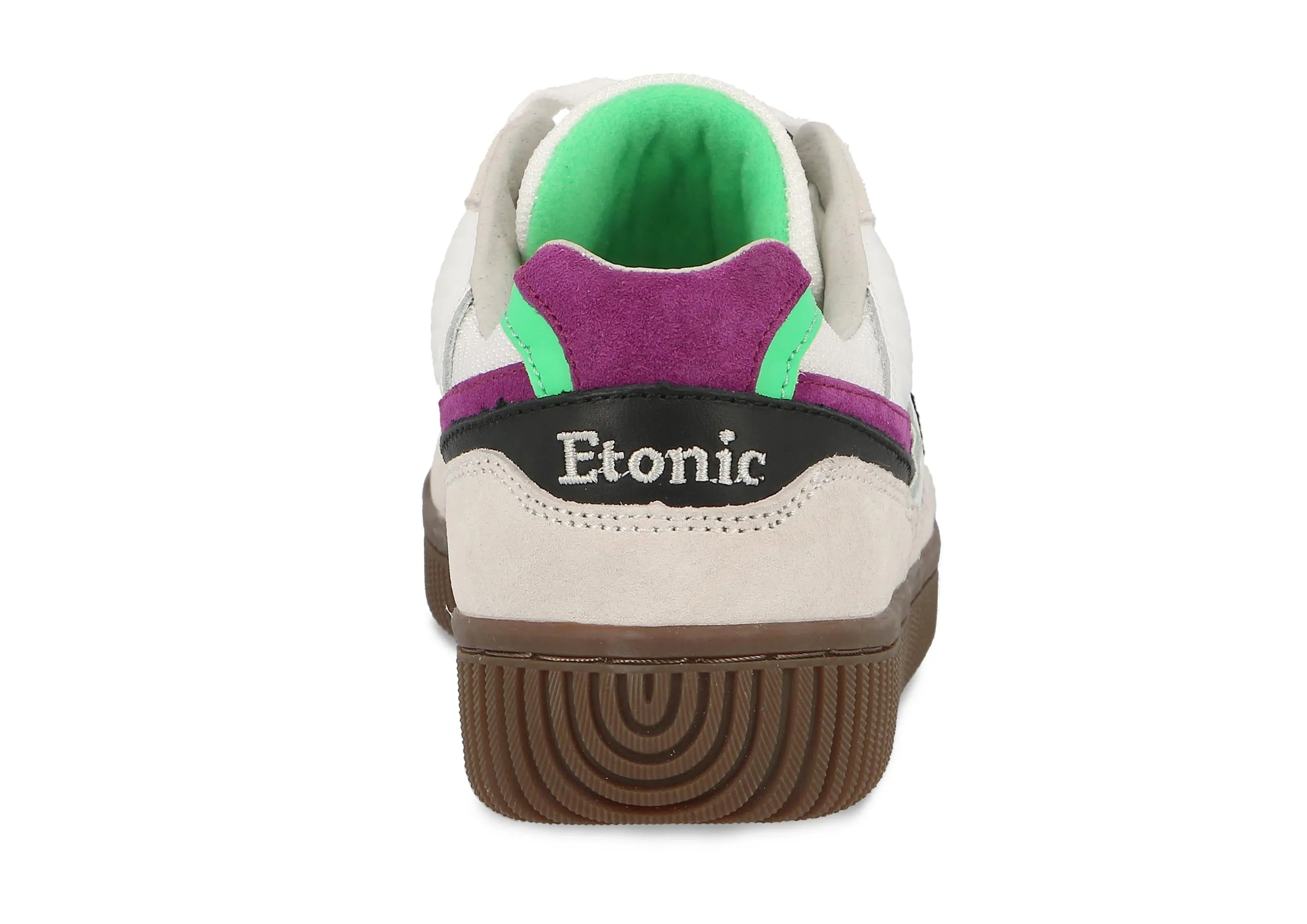 Etonic DROPSHOT sneakers in white suede leather, white mesh, lime green and purple details with light honey outsole.