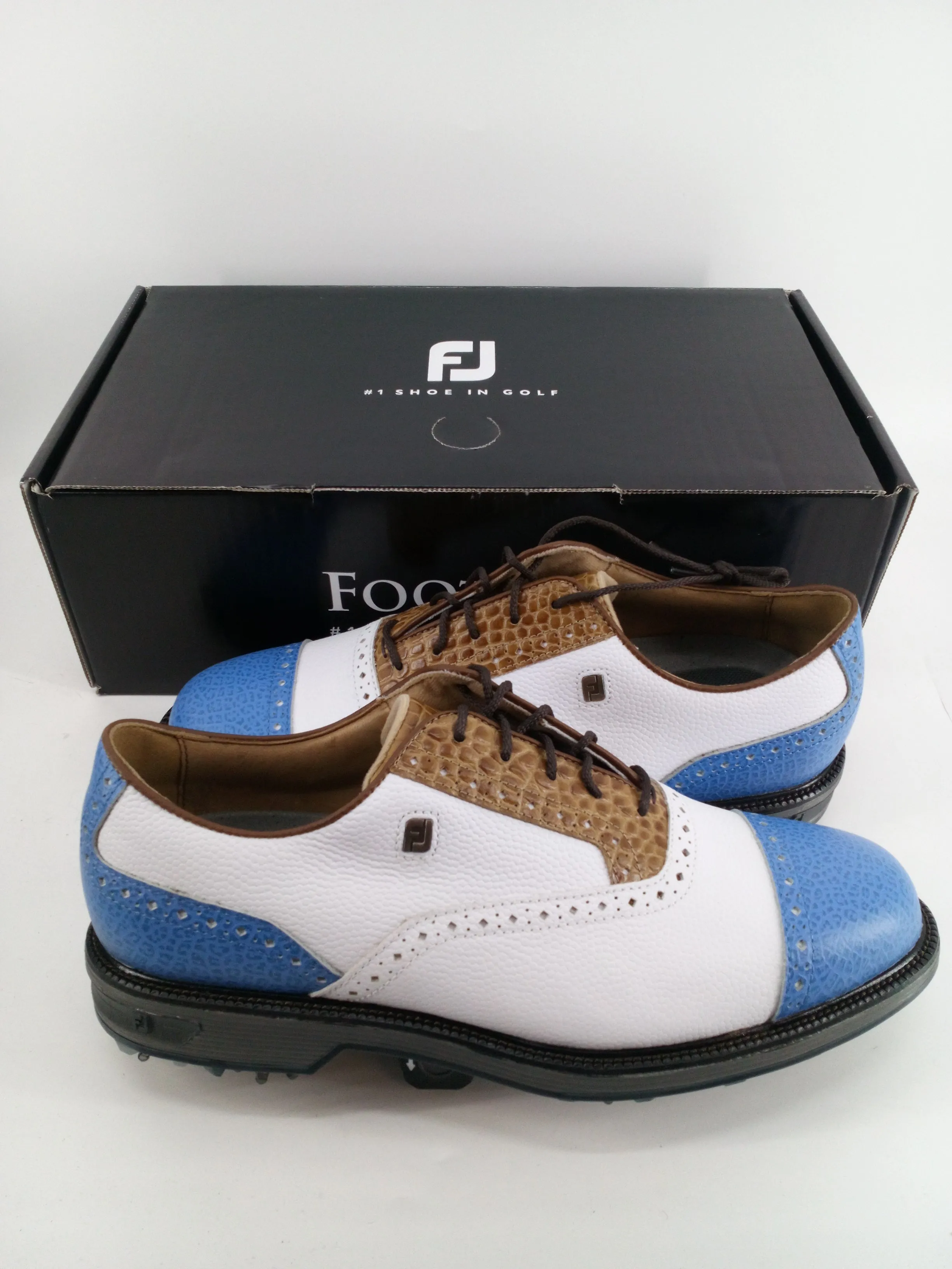 Footjoy Myjoys Premiere Series Tarlow Golf Shoes White Brown Blue 8.5 W Custom