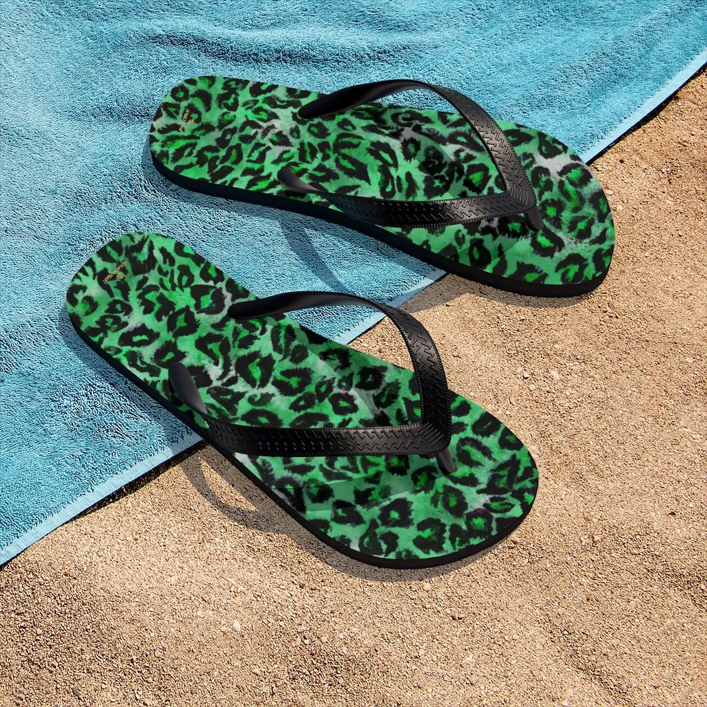 Green Leopard Flip Flops, Animal Print Unisex Flip-Flops Pool Beach Sandals- Made in USA