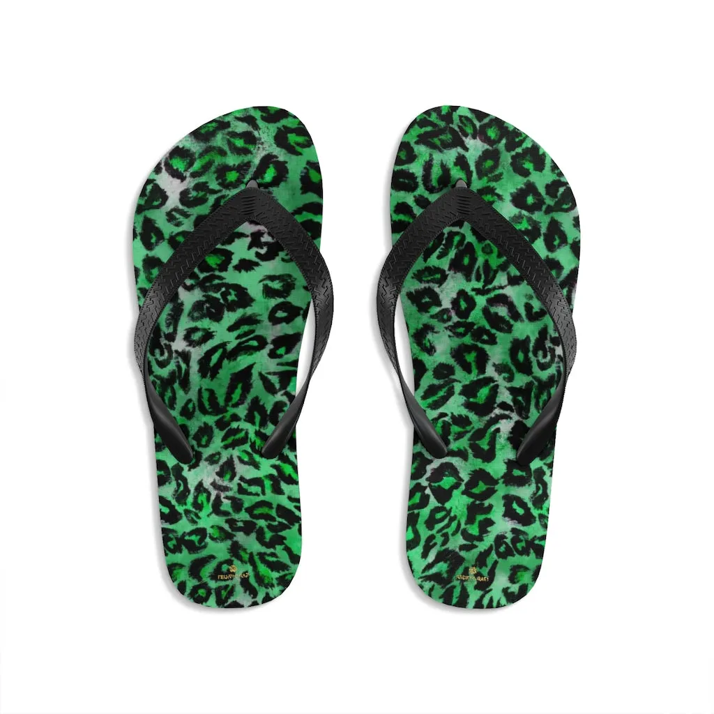 Green Leopard Flip Flops, Animal Print Unisex Flip-Flops Pool Beach Sandals- Made in USA