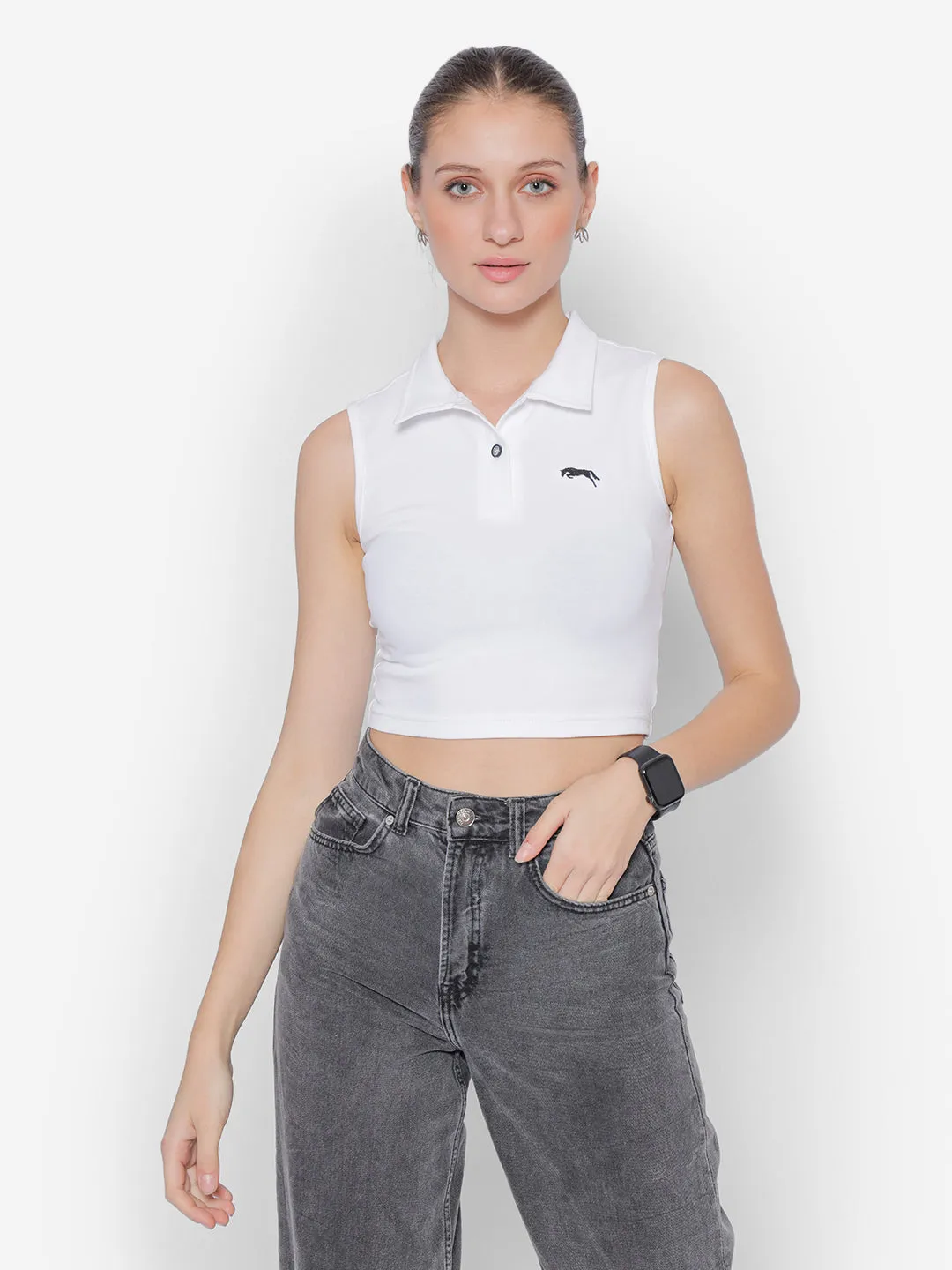 JUMP USA Pure Cotton Sleeveless Polo Crop Top