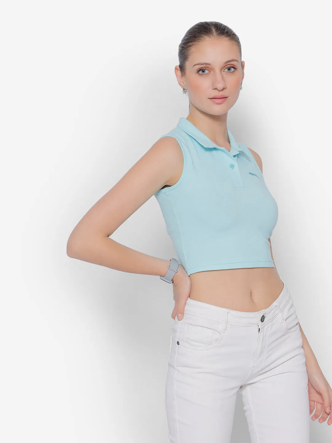 JUMP USA Pure Cotton Sleeveless Polo Crop Top