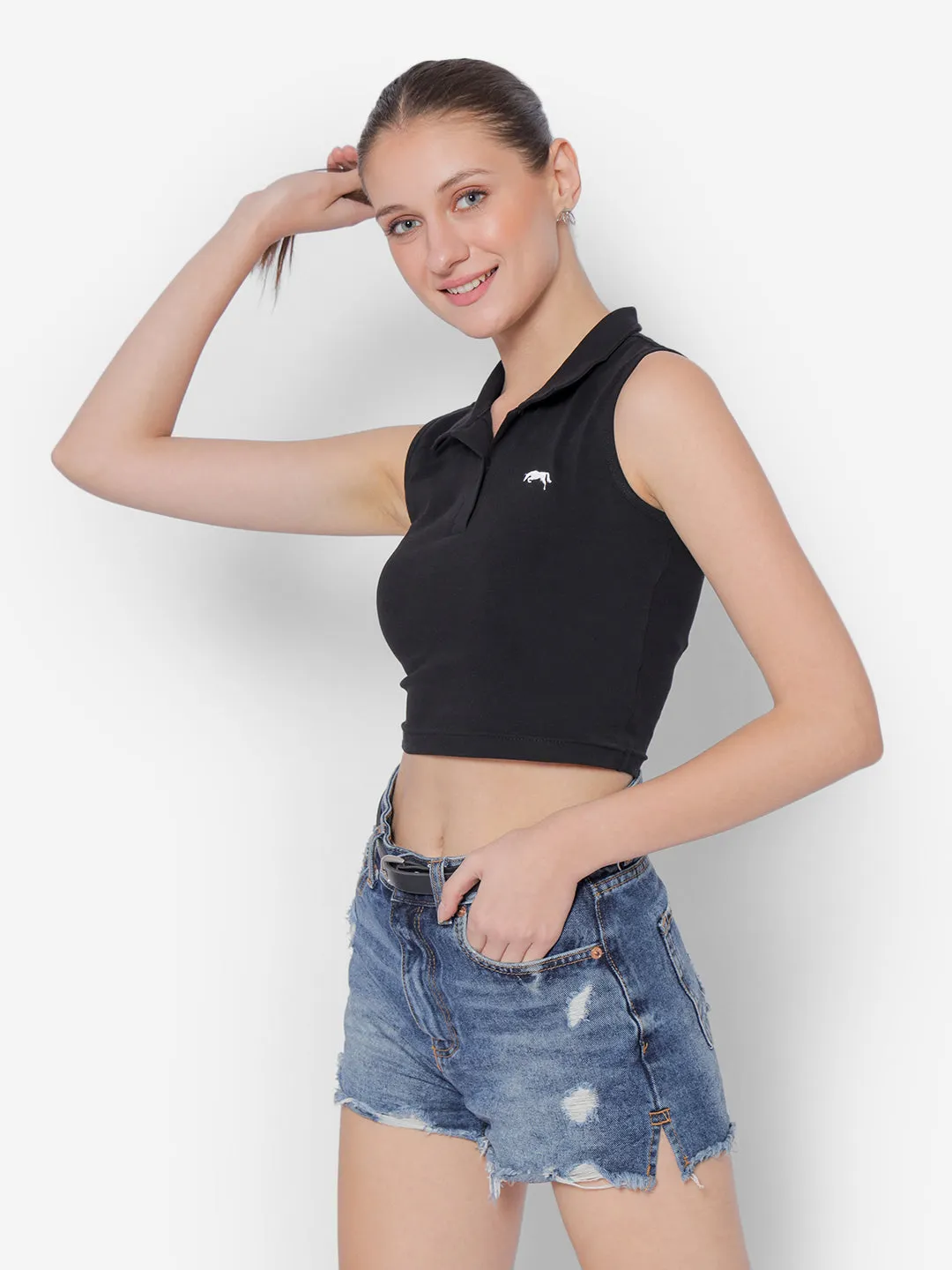 JUMP USA Pure Cotton Sleeveless Polo Crop Top