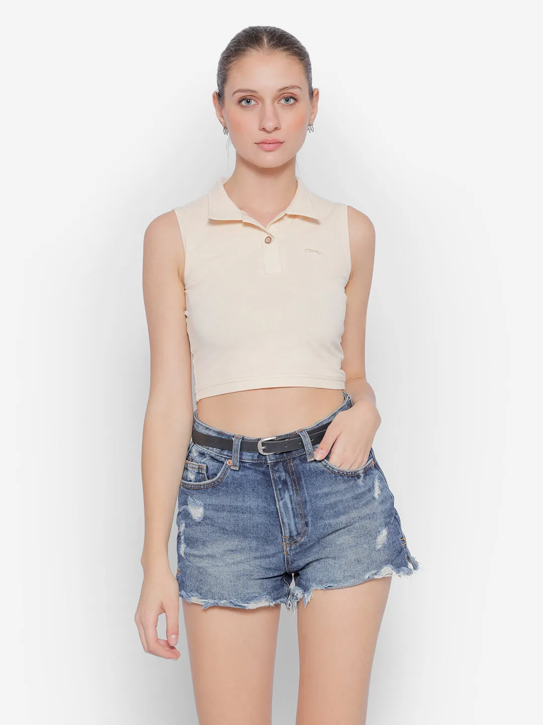 JUMP USA Pure Cotton Sleeveless Polo Crop Top