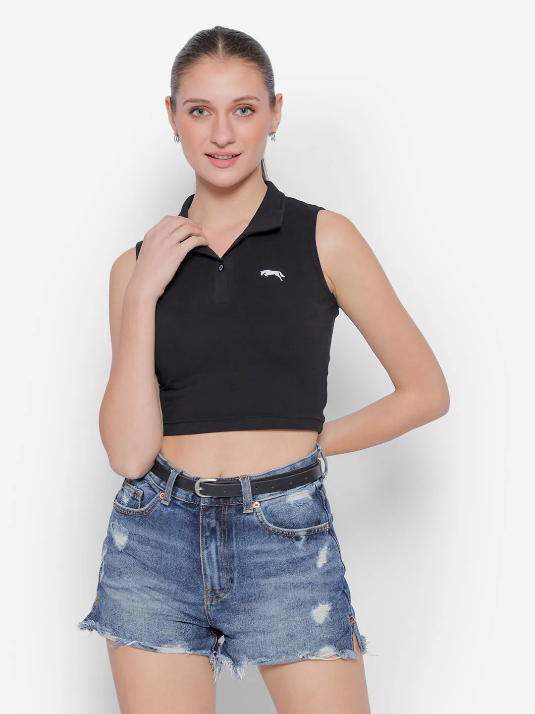 JUMP USA Pure Cotton Sleeveless Polo Crop Top