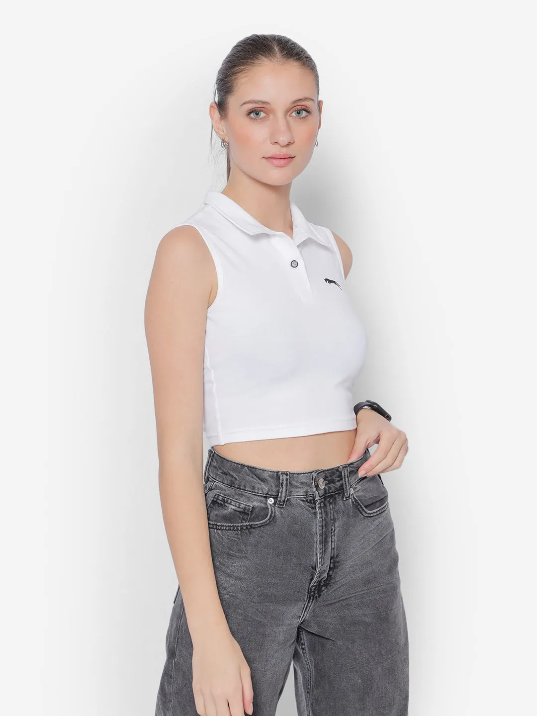 JUMP USA Pure Cotton Sleeveless Polo Crop Top