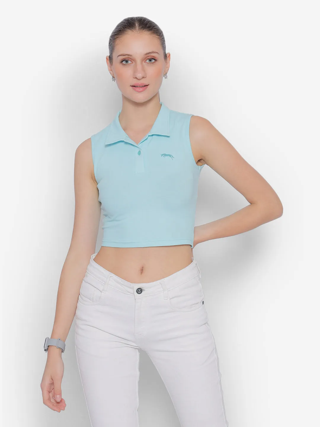 JUMP USA Pure Cotton Sleeveless Polo Crop Top