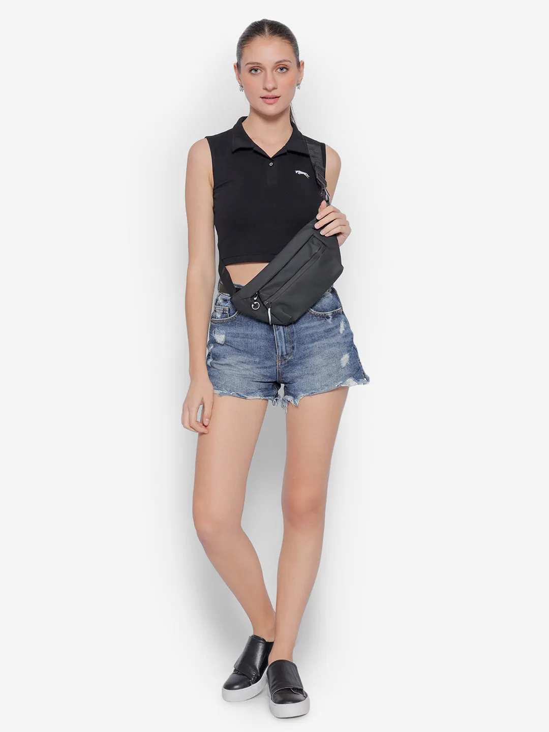 JUMP USA Pure Cotton Sleeveless Polo Crop Top