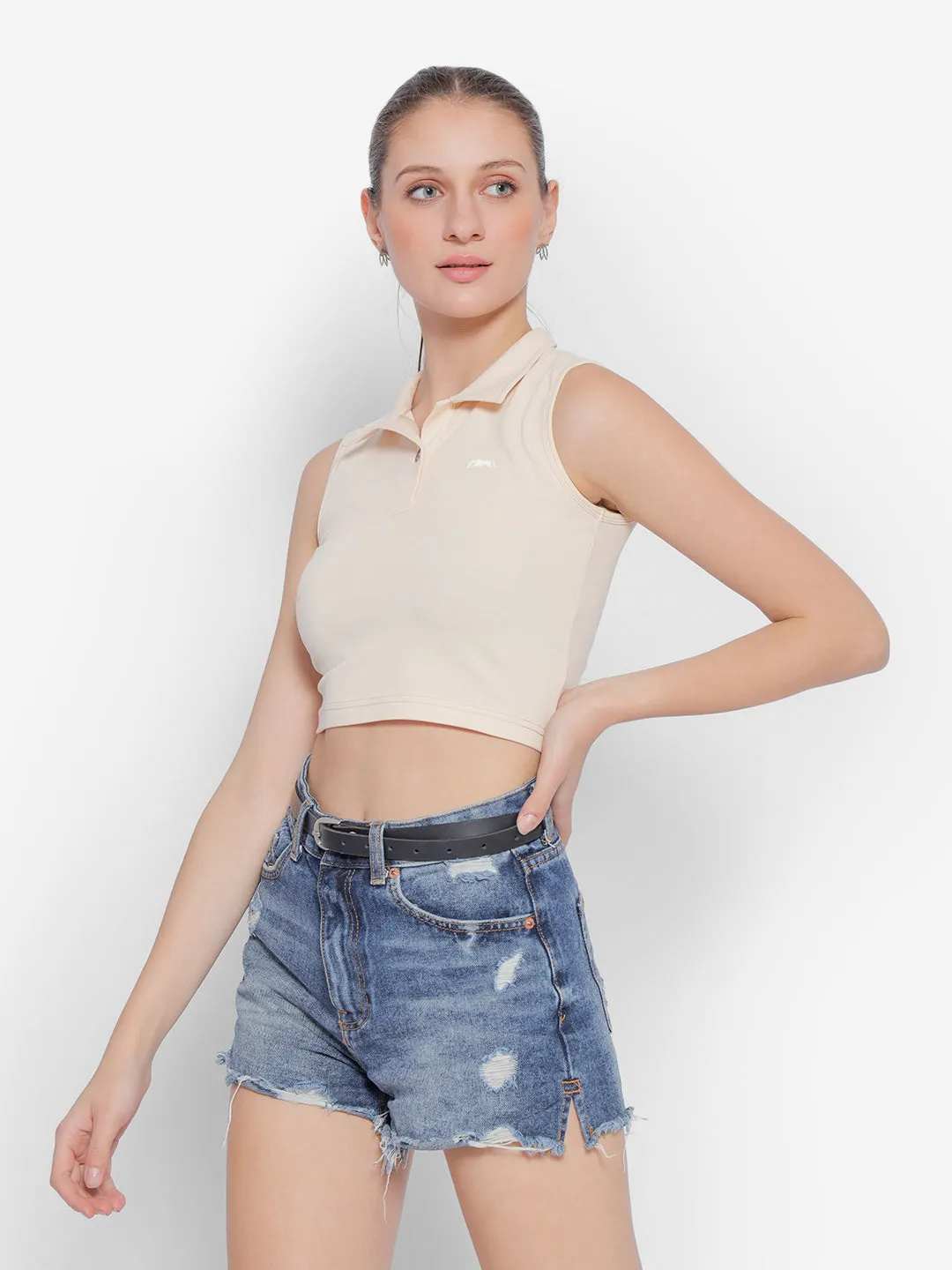 JUMP USA Pure Cotton Sleeveless Polo Crop Top