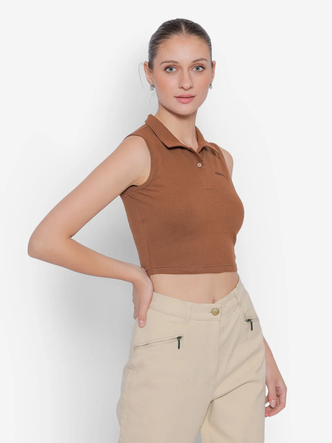 JUMP USA Pure Cotton Sleeveless Polo Crop Top