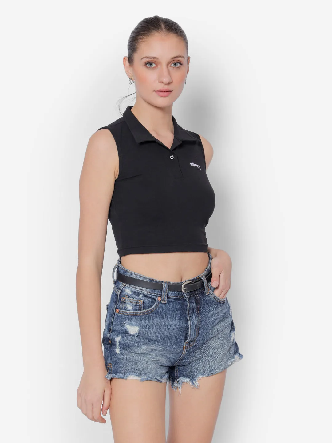 JUMP USA Pure Cotton Sleeveless Polo Crop Top