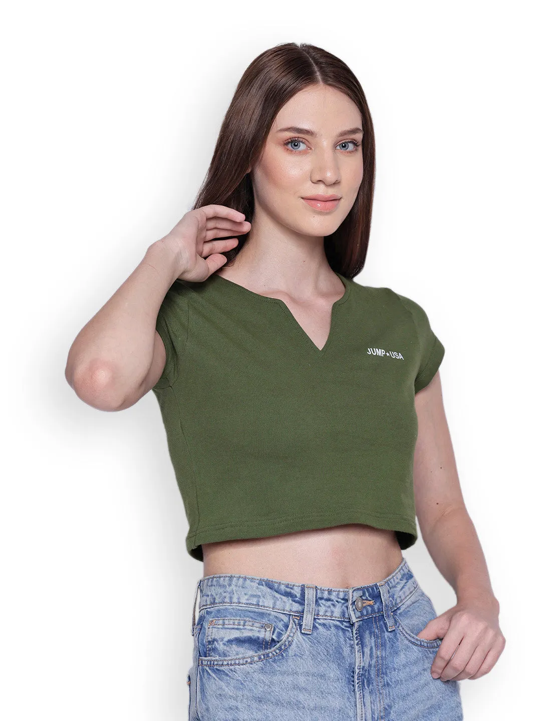 JUMP USA Womens Green Solid Split Neck Crop Tops